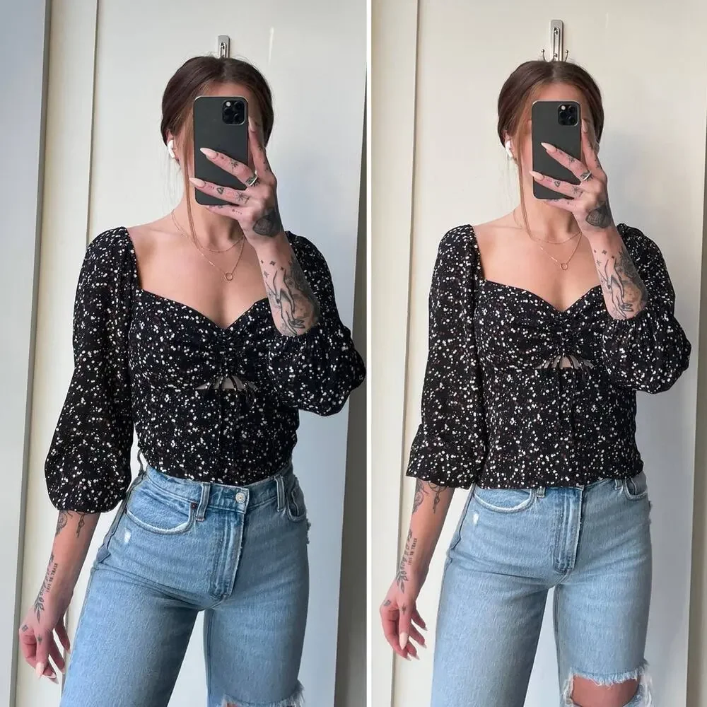 Abercrombie & Fitch Top Womens S Black Sweetheart Neck Speckled Tie Front NWT